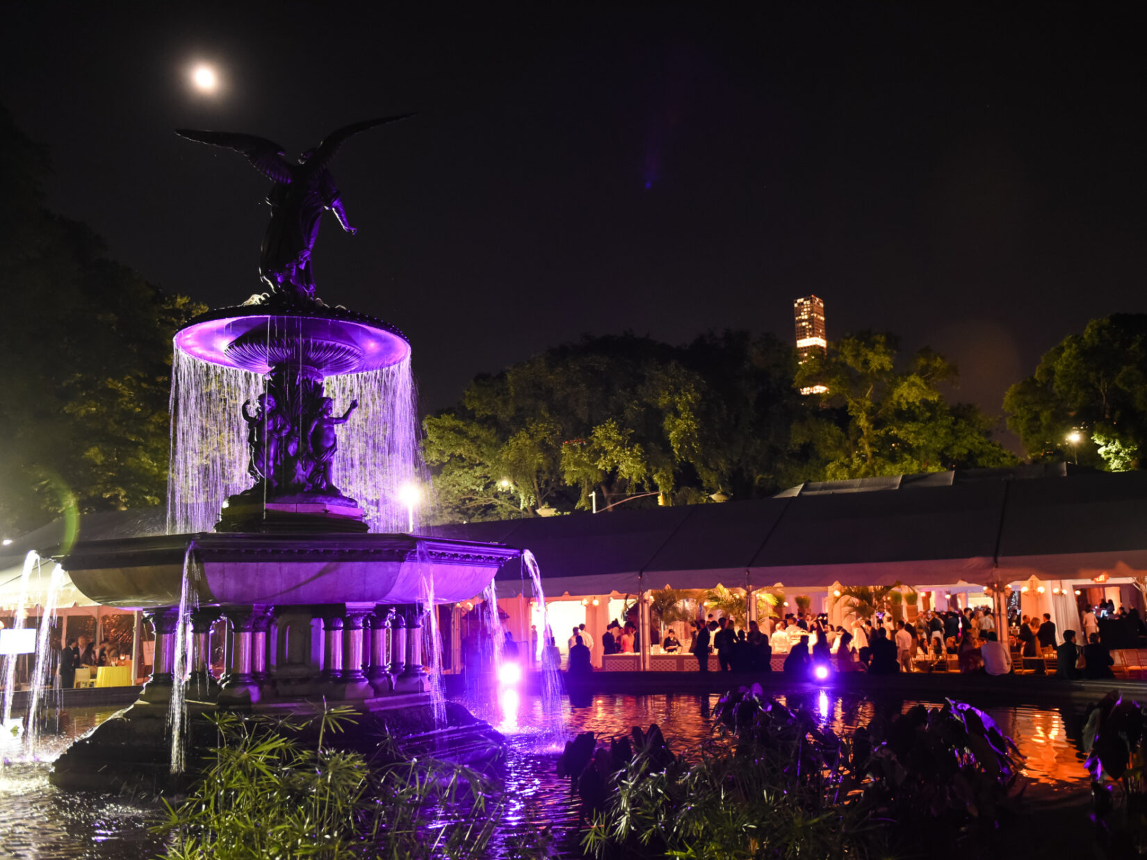Bethesda Fountain, at night, lit for the occasion, with diners in a tent in the background